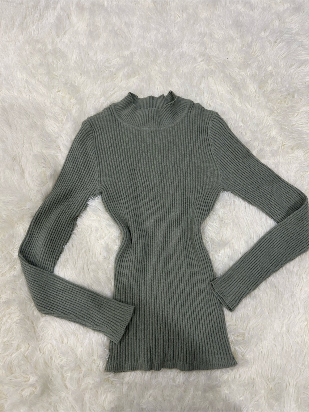 Ribbed Long-Sleeve Mock Neck Dress in Sage Green
